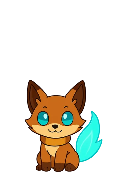 Small orange fox with one turquoise flame tail.