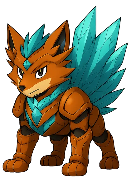 Armoured fox with turquoise chest plates and pointed tails.