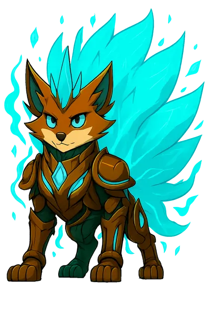 Armoured fox surrounded by large turquoise flame tails.