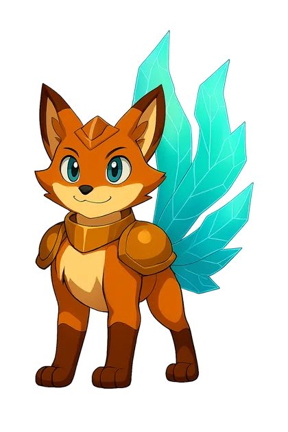 Orange fox with shoulder armour and several turquoise tails.