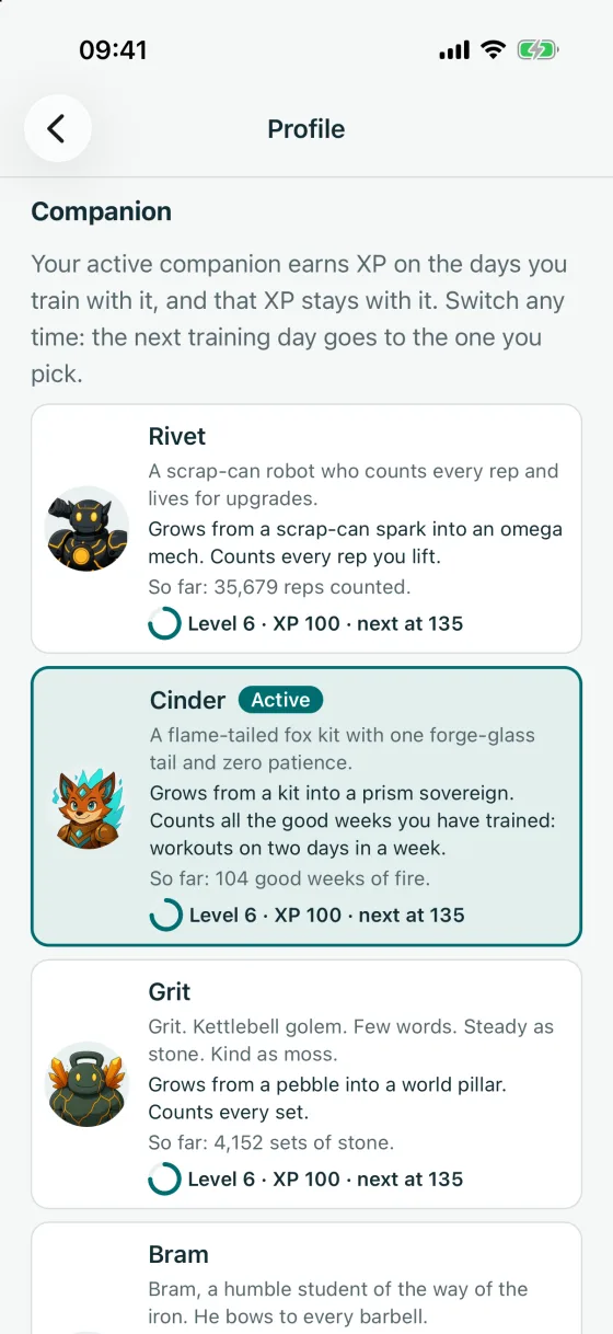 The companion roster in Settings: Rivet, Cinder marked Active, and Grit, each with its own description, signature stat, level and XP.