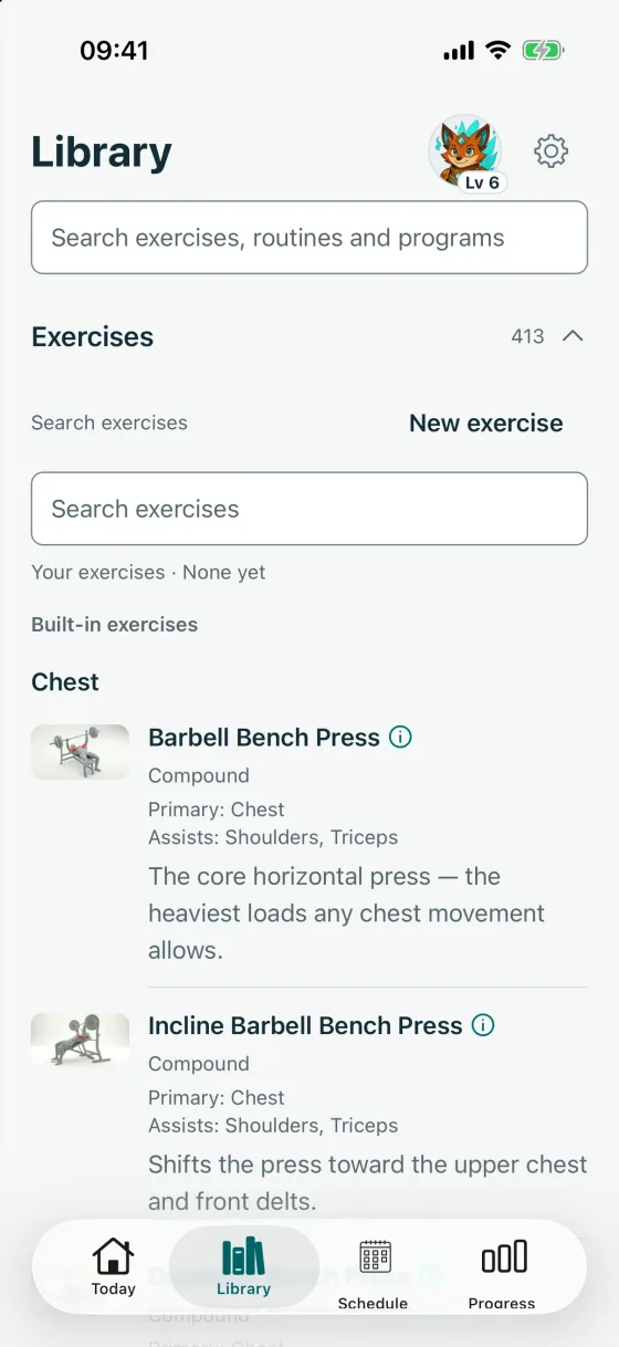 The Library screen with the exercise list open, showing built-in chest exercises with demo thumbnails, the muscles each one works and a one-line note.