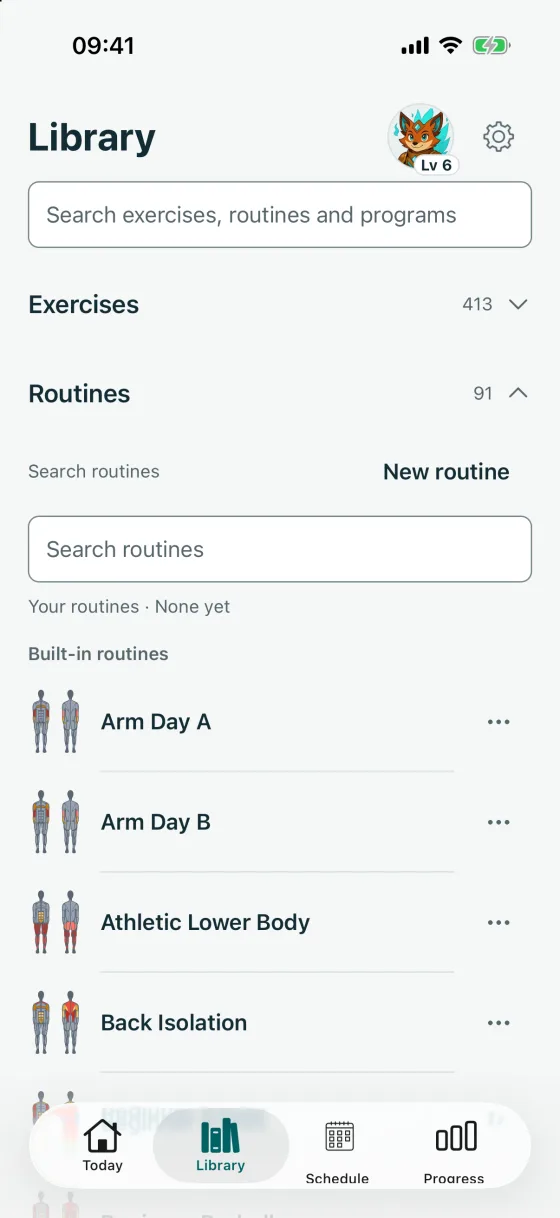 The Library’s Routines list with 91 built-in routines, each with a small muscle figure.