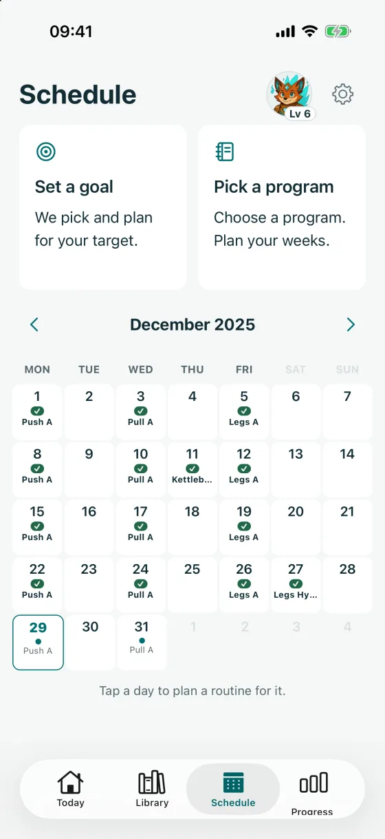 The Schedule screen: Set a goal and Pick a program cards above the December calendar, with ticks on trained days and dots on planned days.