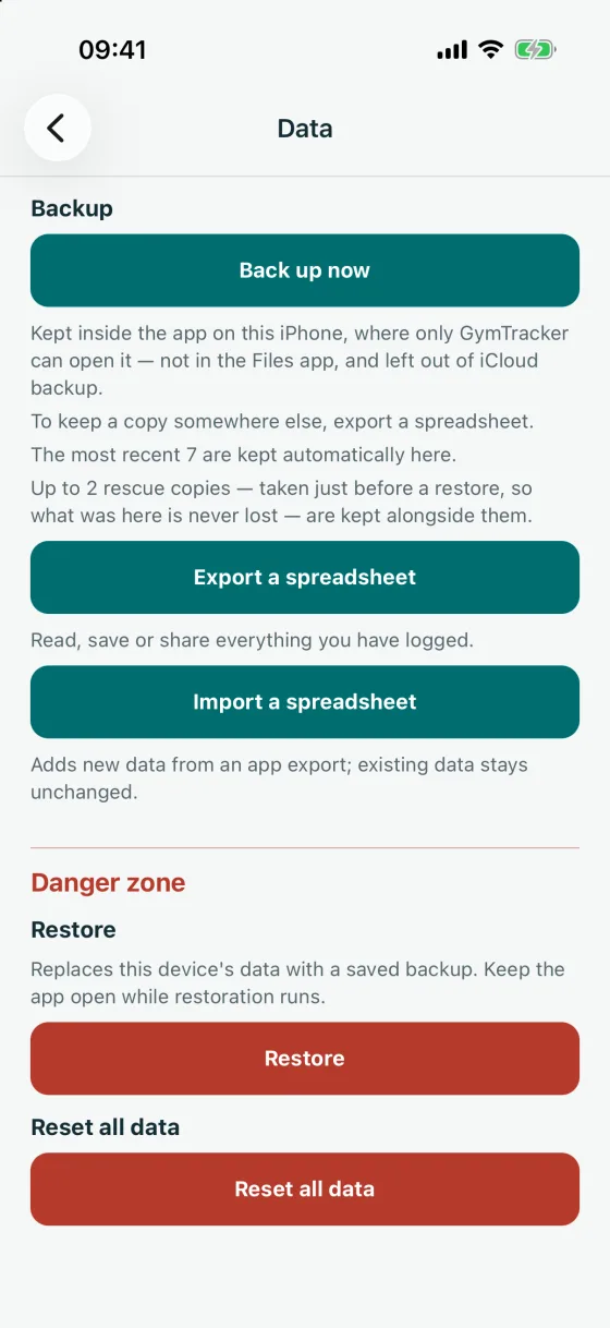 Settings, Data: Back up now, Export and Import a spreadsheet, Restore and Reset all data.