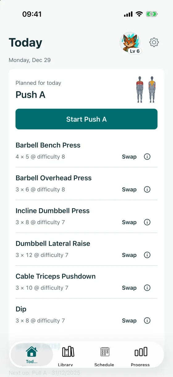 The Today screen: the planned Push A workout with a Start Push A button, six exercises with their sets, reps and difficulty, and Cinder at level 6 in the corner.